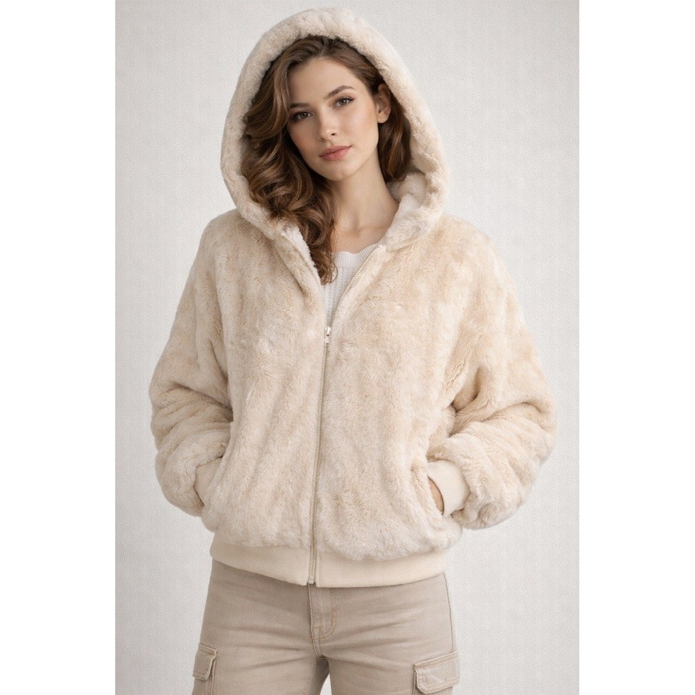 Faux Fur Hooded Bomber Jacket Women Medium Cream Plush Zip Up Cozy Teddy Soft